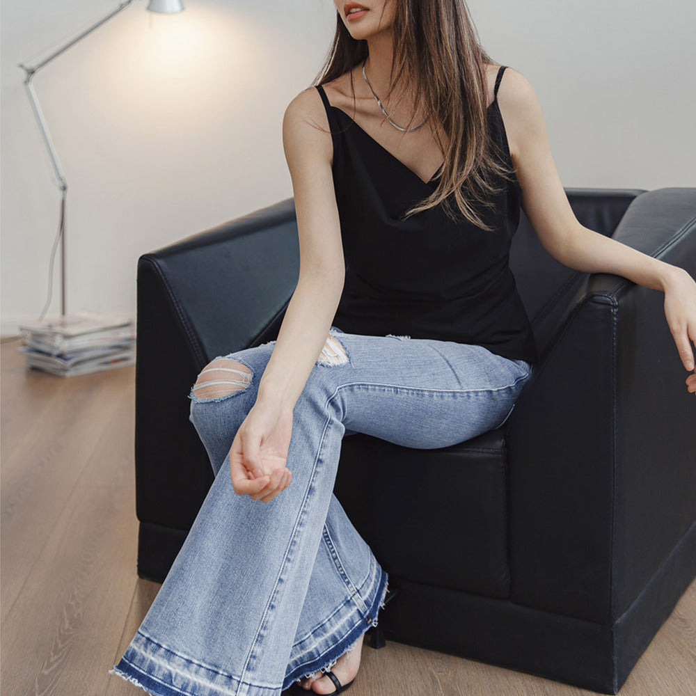 馬登女裝 破洞淺色牛仔褲修身微喇叭褲顯瘦馬蹄褲毛邊長褲