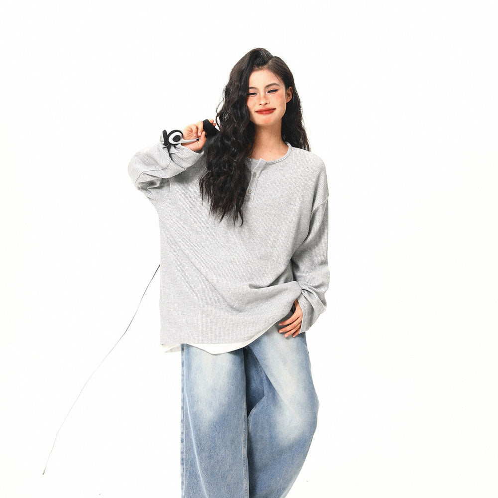 美式復古高級感假兩件長袖打底衫女秋季百搭潮流設計感上衣