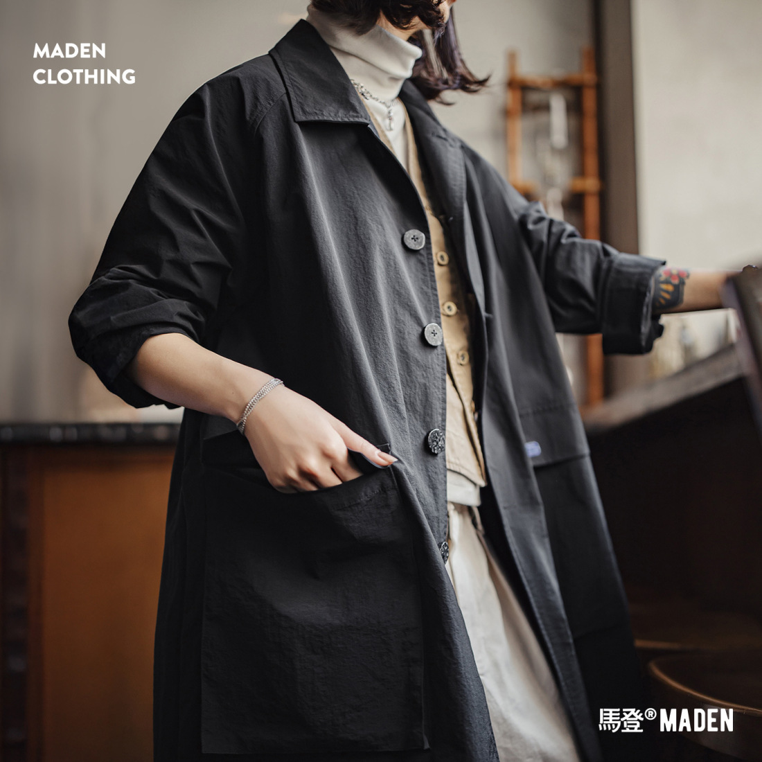 馬登女裝 黑色翻領寬鬆中長薄款大衣高個子休閒工裝風衣外套女士早秋季