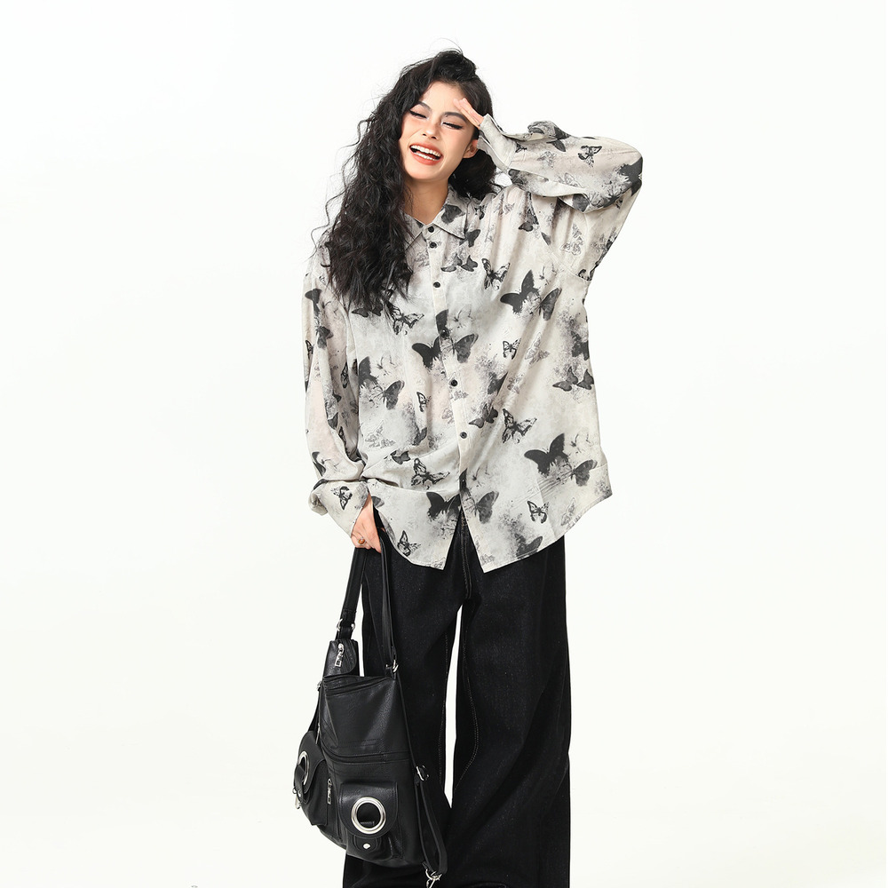 古著感蝴蝶印花短袖襯衫女美式個性夏季涼感襯衣