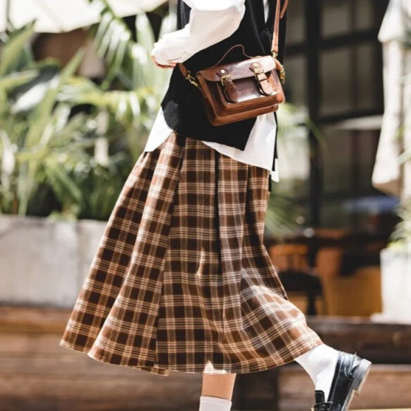 馬登女裝 美式復古格子口袋半身裙寬鬆休閒顯瘦顯高格紋長傘裙