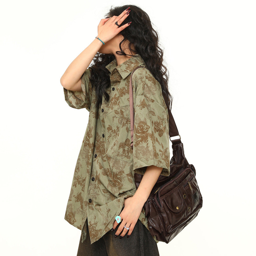 古著感花卉短袖襯衫女美式個性寬鬆潮牌夏季襯衣