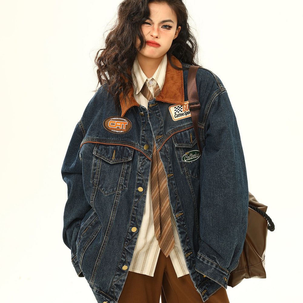 美式復古牛仔外套機車潮牌翻領夾克寬鬆上衣
