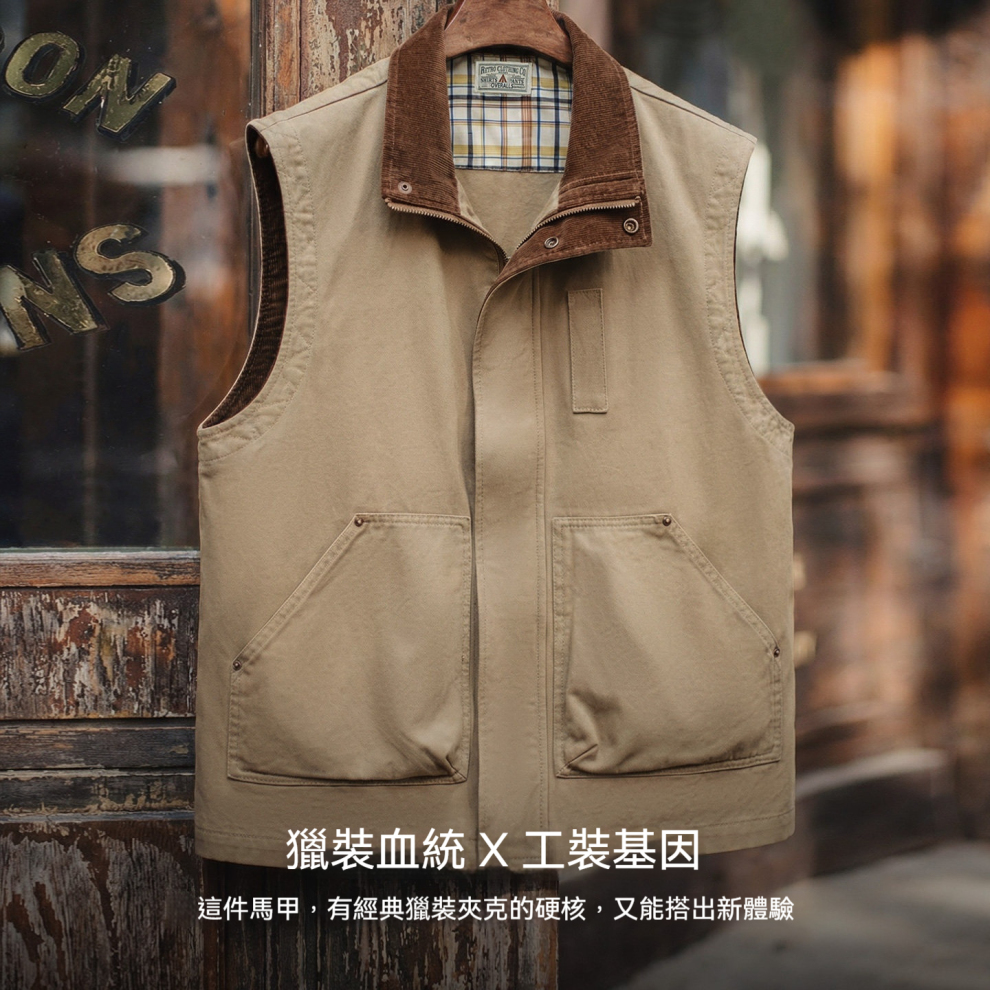 馬登工裝 美式復古safari馬甲獵裝純棉卡其色燈芯絨背心外套男款春