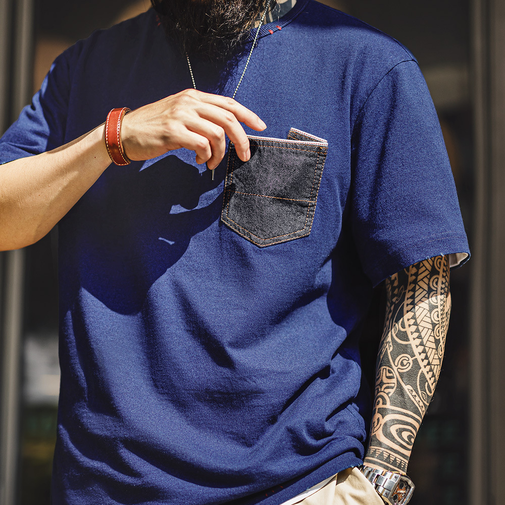 馬登工裝 美式復古植物藍染T恤日系重磅純棉二本針口袋短袖男春夏