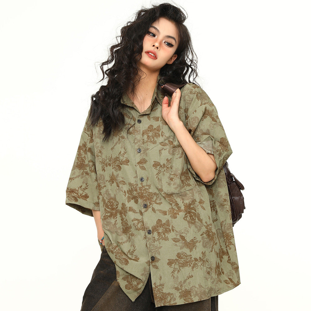 古著感花卉短袖襯衫女美式個性寬鬆潮牌夏季襯衣