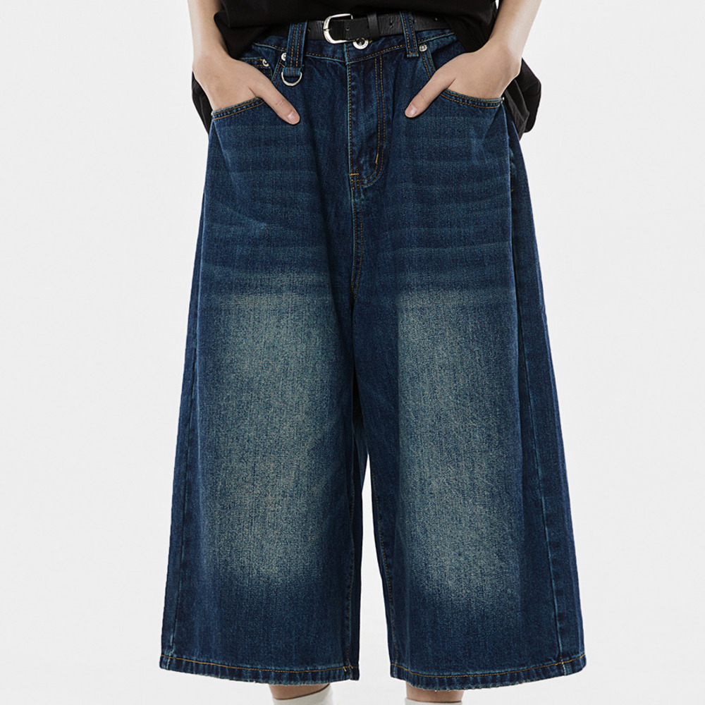 美式復古水洗牛仔中褲女夏季廓形牛仔短褲闊腿七分褲