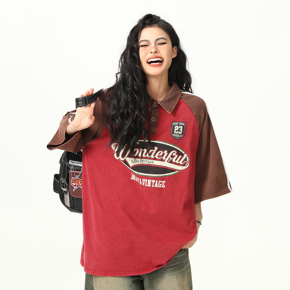 美式復古街頭學院風Polo領短袖T恤女寬鬆百搭情侶上衣