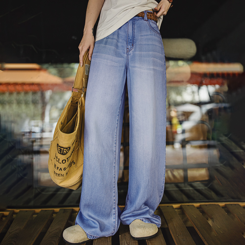 馬登女裝 淺藍色輕薄款中高腰直筒闊腿萊賽爾冰絲軟牛仔褲子女士夏季