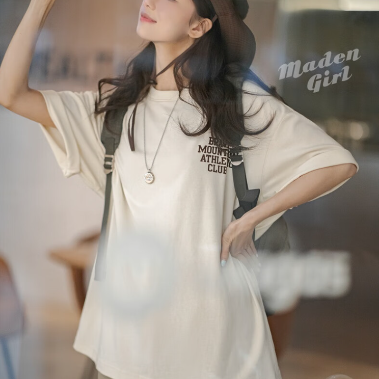 馬登女裝 美式休閒馬卡龍色短袖T恤寬鬆純棉字母印花情侶套頭衫