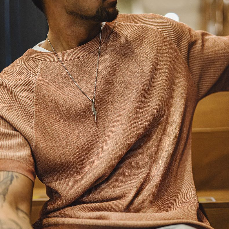 馬登工裝 美式復古橙色針織衫短袖休閒寬鬆圓領薄款透氣T恤春夏