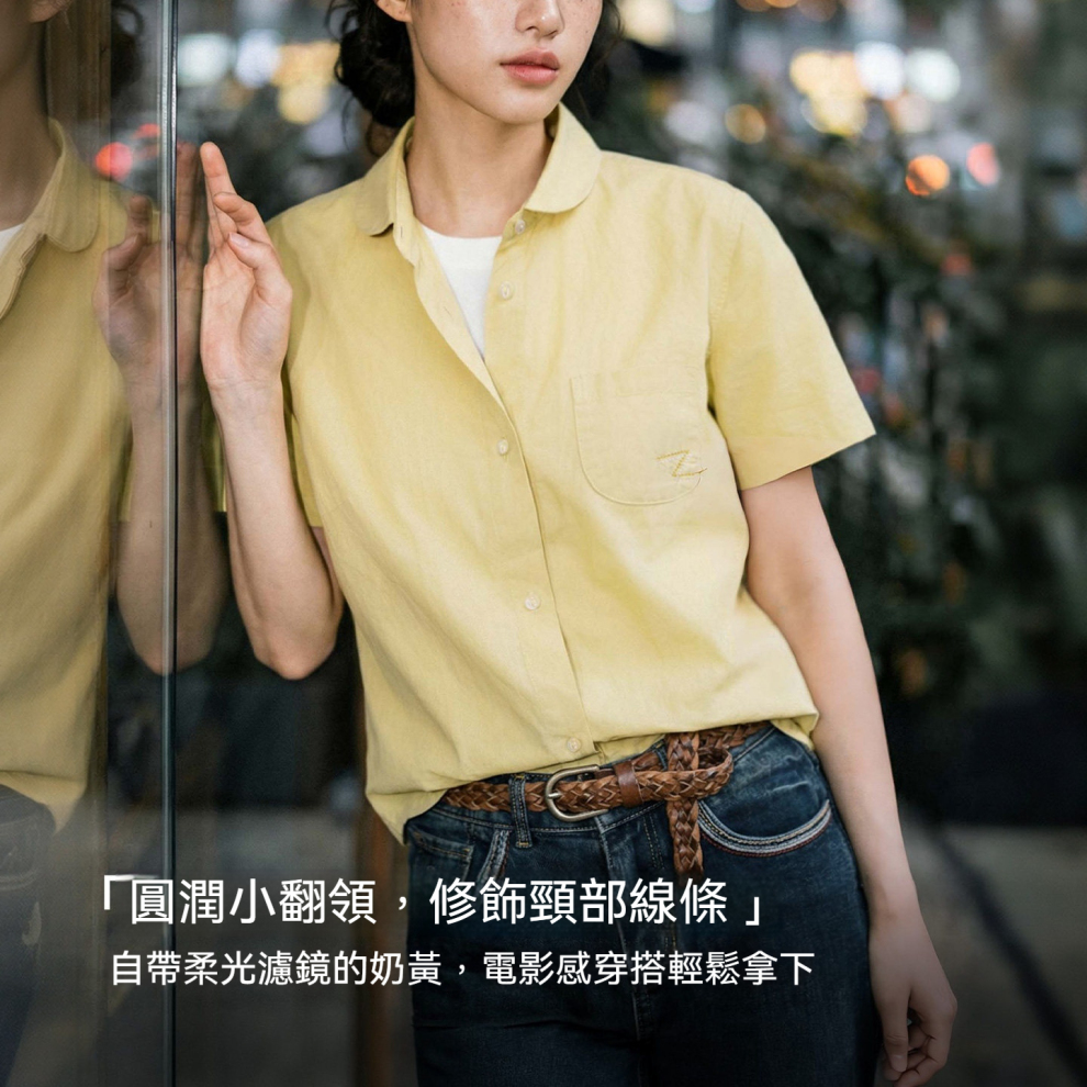 馬登女裝 黃色純棉娃娃小圓翻領收腰正肩短袖襯衫休閒襯衣女士夏