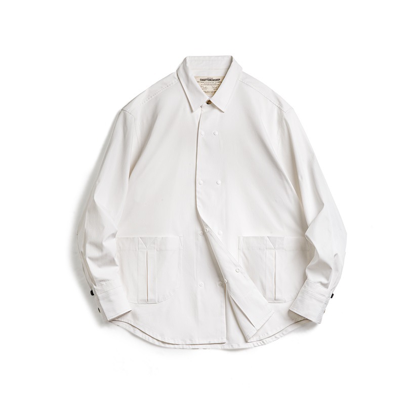 馬登工裝 美式休閒人字紋雙排扣長袖襯衫百搭通勤翻領白襯衣男秋季