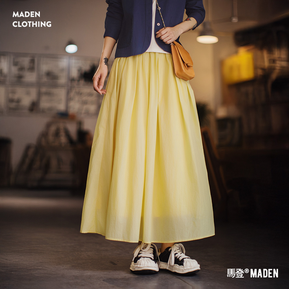 馬登女裝 黃色鬆緊腰輕薄透氣長款網紗大擺半身裙A字百褶傘裙子女夏