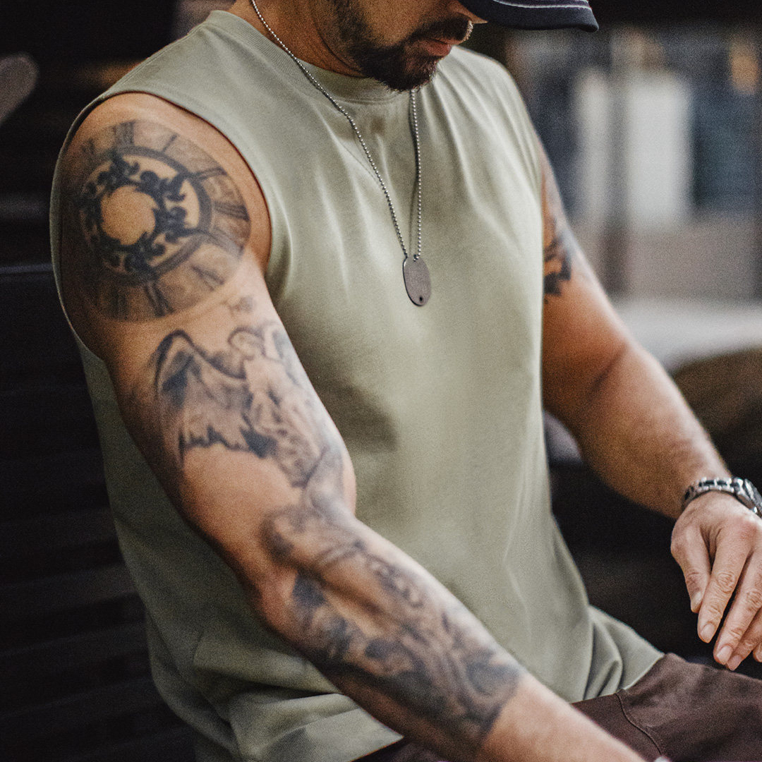 馬登工裝 美式純棉健身背心跨欄重磅無袖內搭坎肩打底衫男