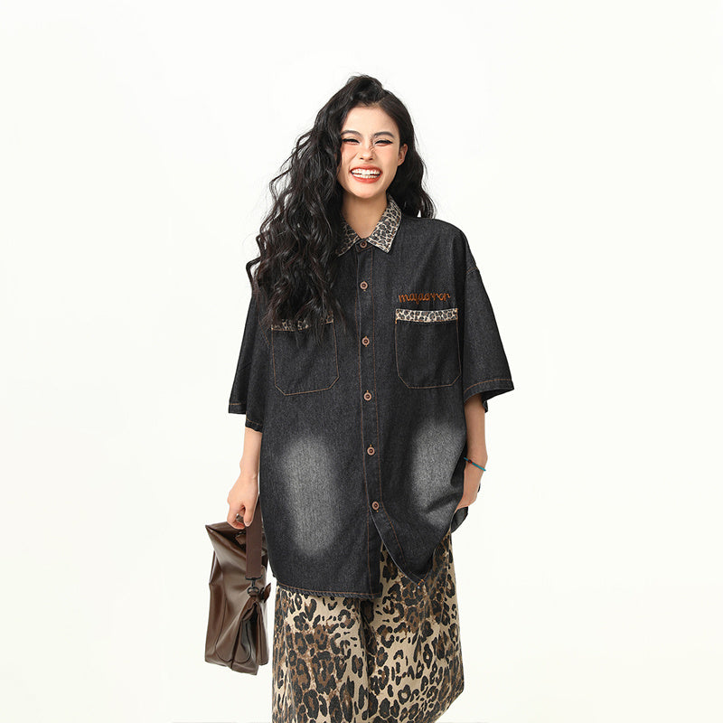 高級感豹紋拼接美式復古水洗牛仔短袖襯衫BF工裝學院風襯衣