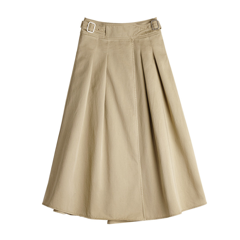 馬登女裝 復古卡其色廓爾格全棉百褶高腰A字大擺工裝傘裙子半身裙