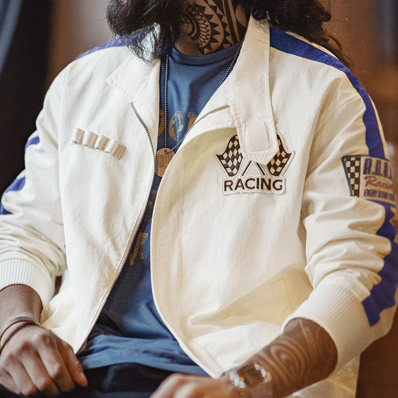 馬登工裝 美式復古拼色刺繡賽車夾克F1車手服休閒棒球領外套男春
