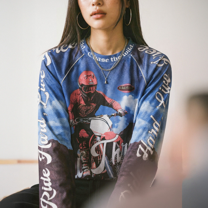 馬登女裝 美式復古針織滿印花長袖T恤薄款寬鬆立領套頭外穿上衣