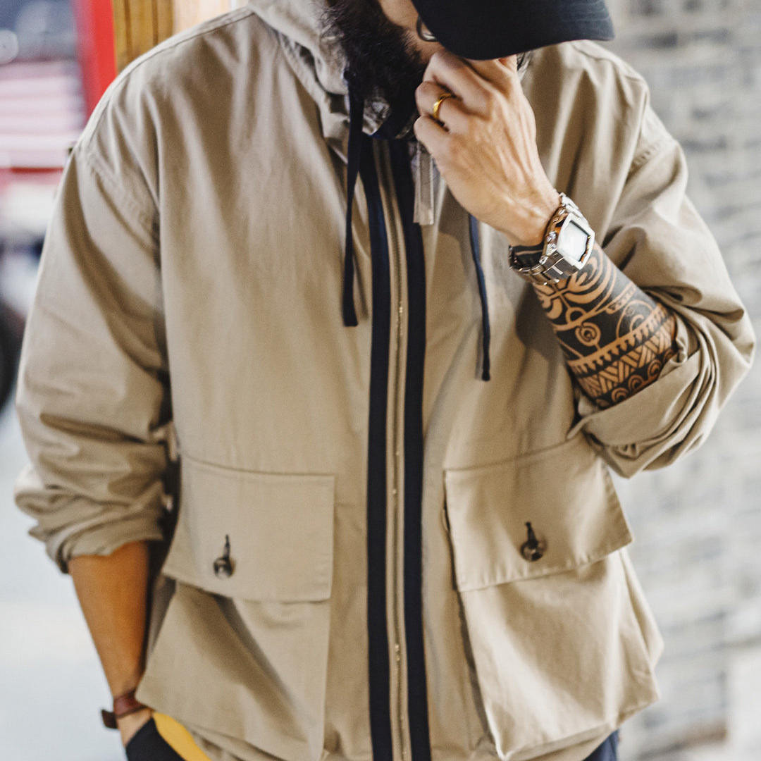 馬登工裝 美式復古多口袋夾克純棉帆布卡其色立領連帽薄款外套男春