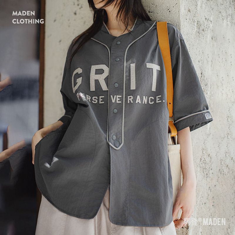 馬登女裝 夏日美式休閒Oversize棒球服半開襟襯衫日系灰色薄款襯衣