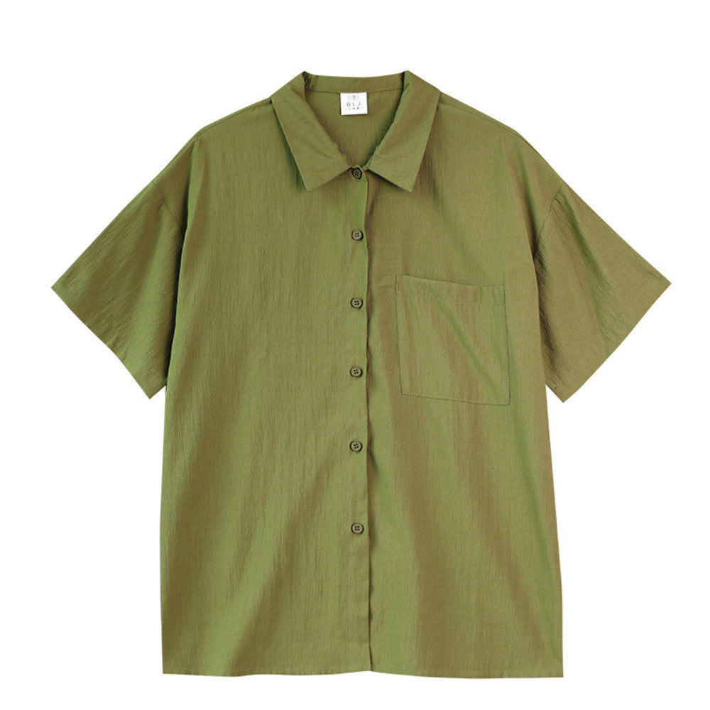 港風復古簡約風綠色設計感短袖襯衫寬鬆上衣顯瘦口袋襯衣女