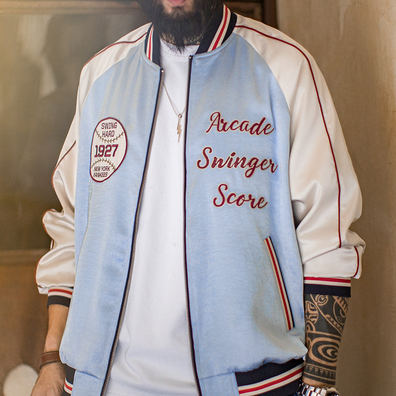 馬登工裝 美式復古刺繡橫須賀棒球服夾克拼色痞帥缎面外套男春秋