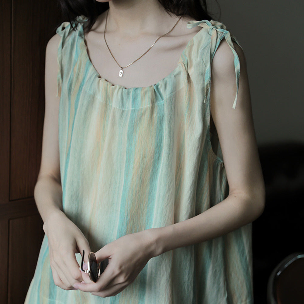 條紋暈染簡約百搭外穿寬鬆背心女設計感蝴蝶結時尚上衣