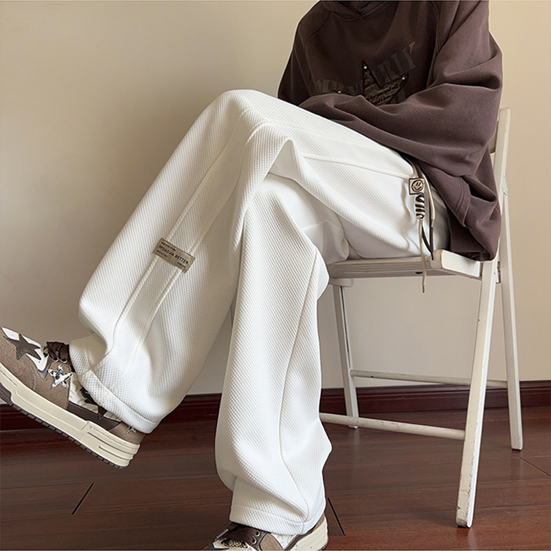 美式休閒菠蘿格長褲鬆緊腰編織腰繩垂感寬鬆運動褲