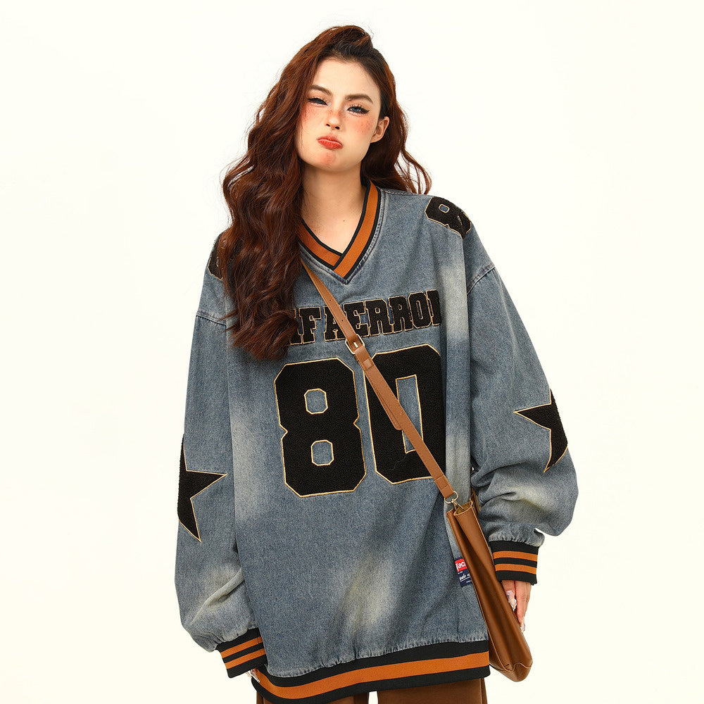 美式復古水洗重磅牛仔衛衣寬鬆秋季潮牌高級感情侶上衣