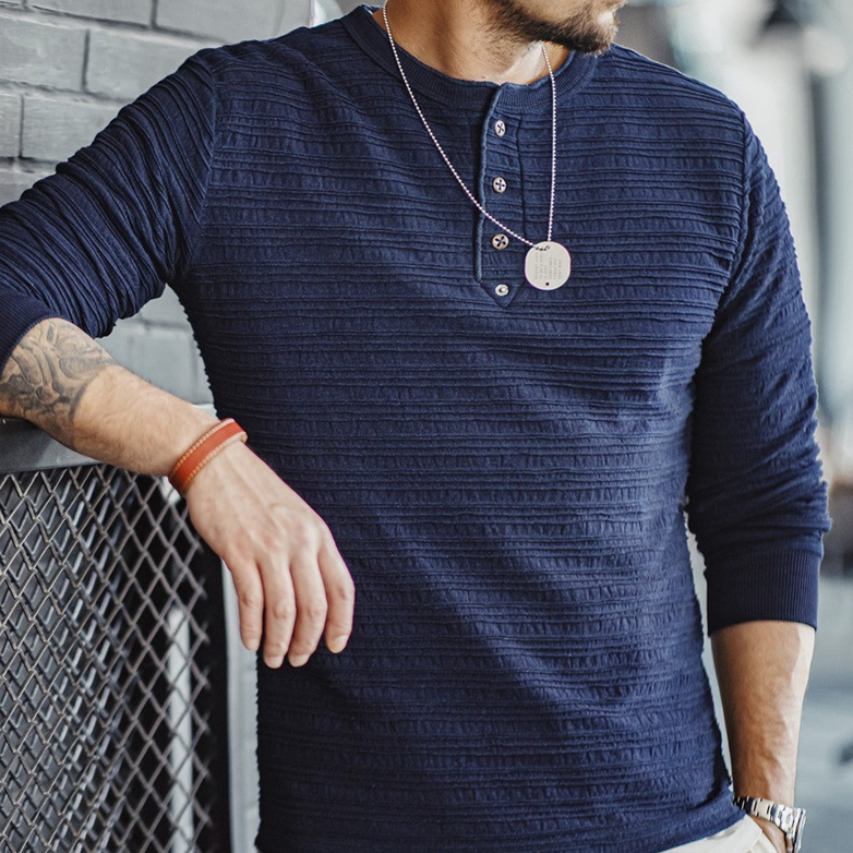 馬登工裝 美式復古提花針織牛仔亨利衫Vintage硬漢修身長袖T恤男秋