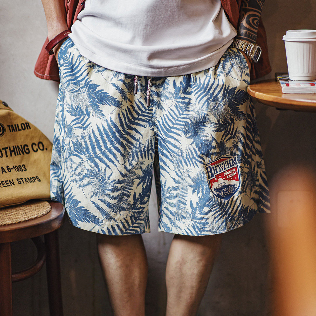 馬登工裝 美式印花沙灘褲海邊度假短褲寬鬆薄款外穿休閒五分褲夏