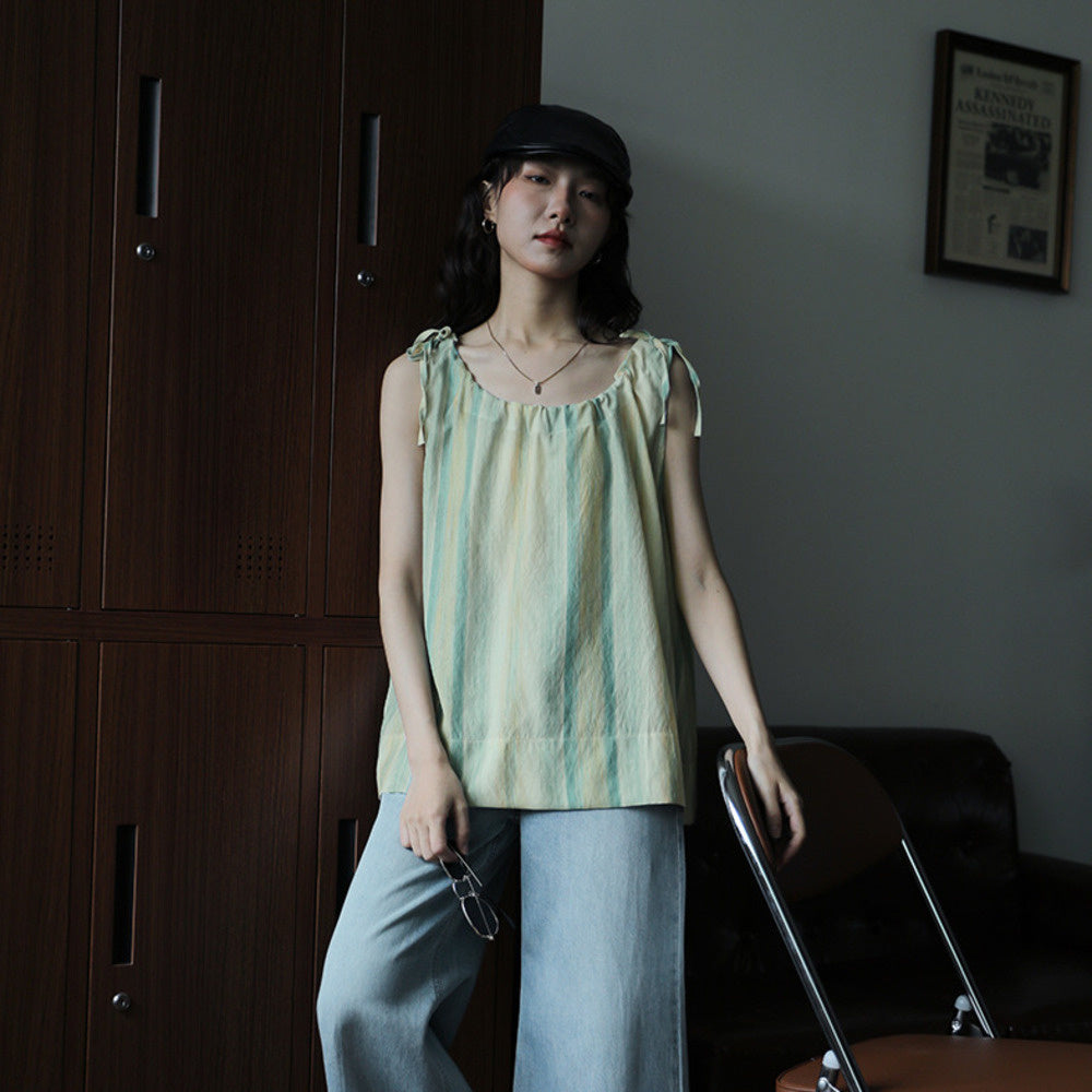 條紋暈染簡約百搭外穿寬鬆背心女設計感蝴蝶結時尚上衣