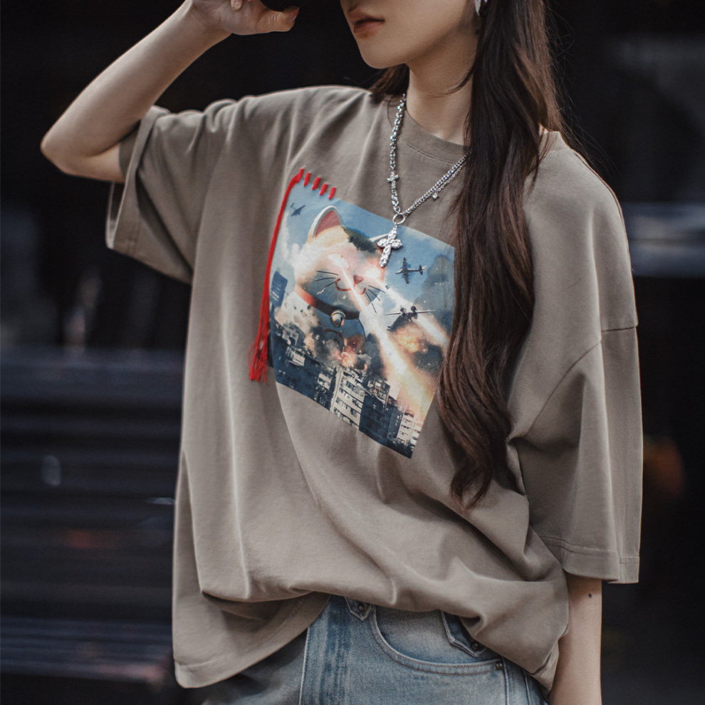 馬登女裝 純棉寬鬆遮肚子印花短袖T恤流蘇小眾設計款五分半袖上衣女夏