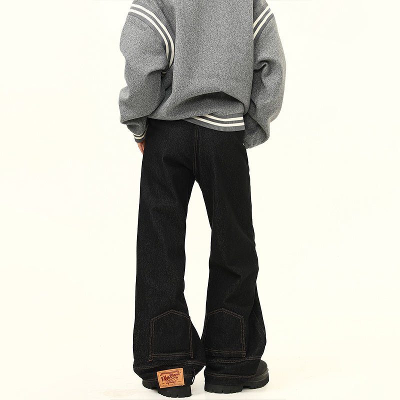 美式復古小眾設計感黑色倒裝牛仔褲寬鬆直筒闊腿反穿長褲