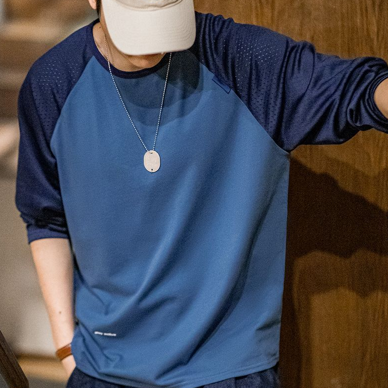 馬登工裝 美式休閒撞色網眼長袖T恤印花字母圓領套頭打底衫男春