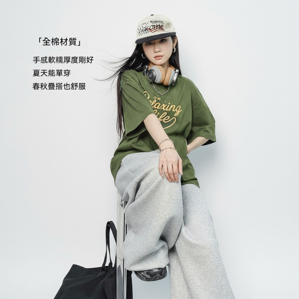 馬登女裝 美式復古墨綠色圓領純棉寬鬆落肩袖印花短袖T恤上衣夏季