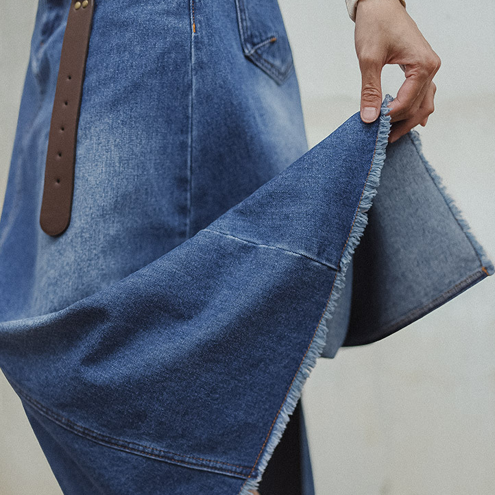 馬登女裝 水洗藍解構牛仔裙遮胯顯瘦A字復古長款半裙設計感半身長裙
