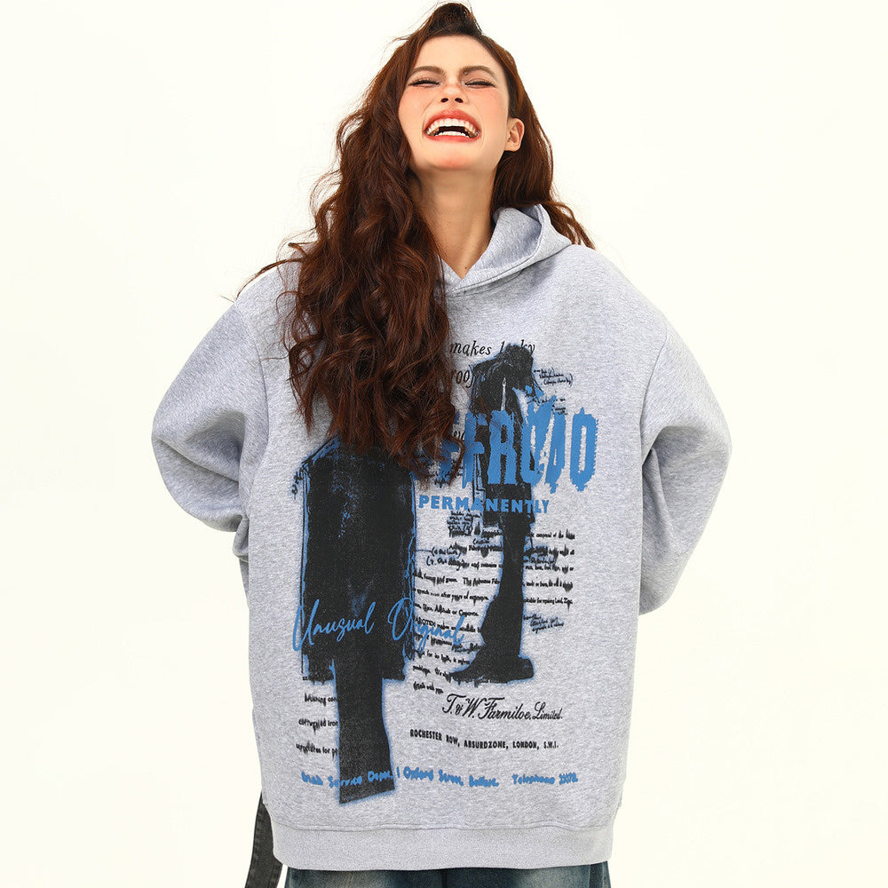 美式復古嘻哈小眾設計印花連帽衛衣寬鬆潮牌慵懶風百搭情侶帽衫