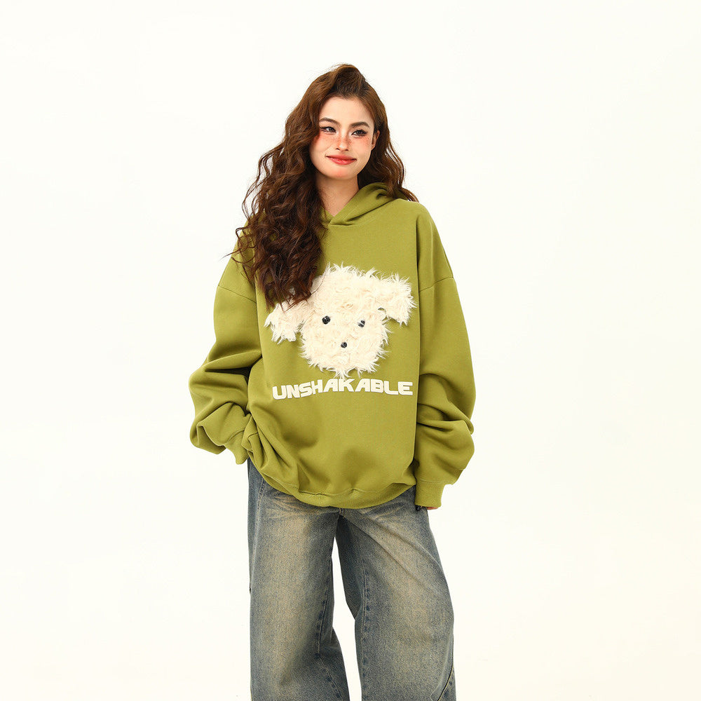 美式復古毛絨小狗刺繡連帽衛衣秋冬百搭休閒寬鬆情侶衛衣外套