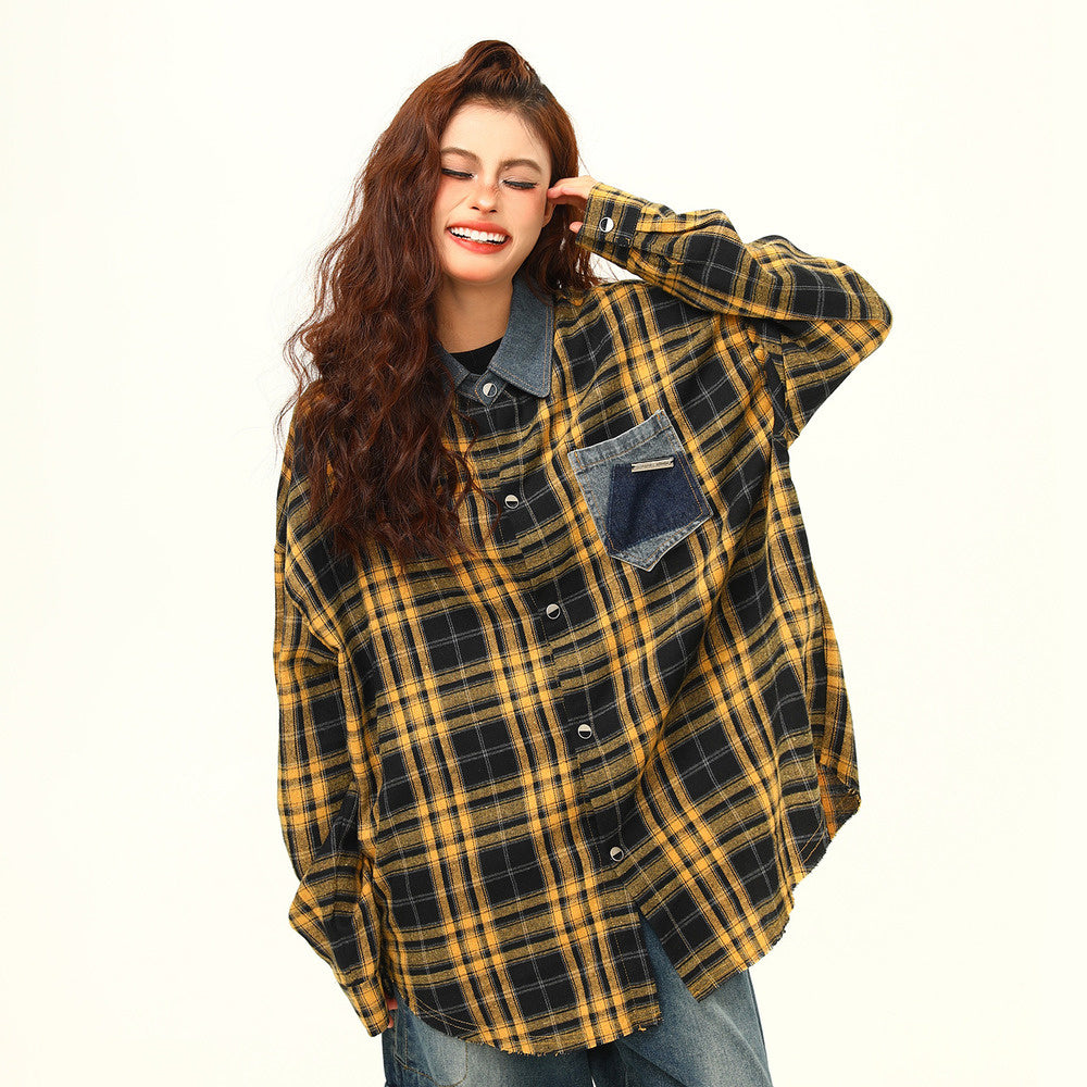 高級感外穿格子襯衫女復古寬鬆百搭早秋黃色格紋襯衣外套