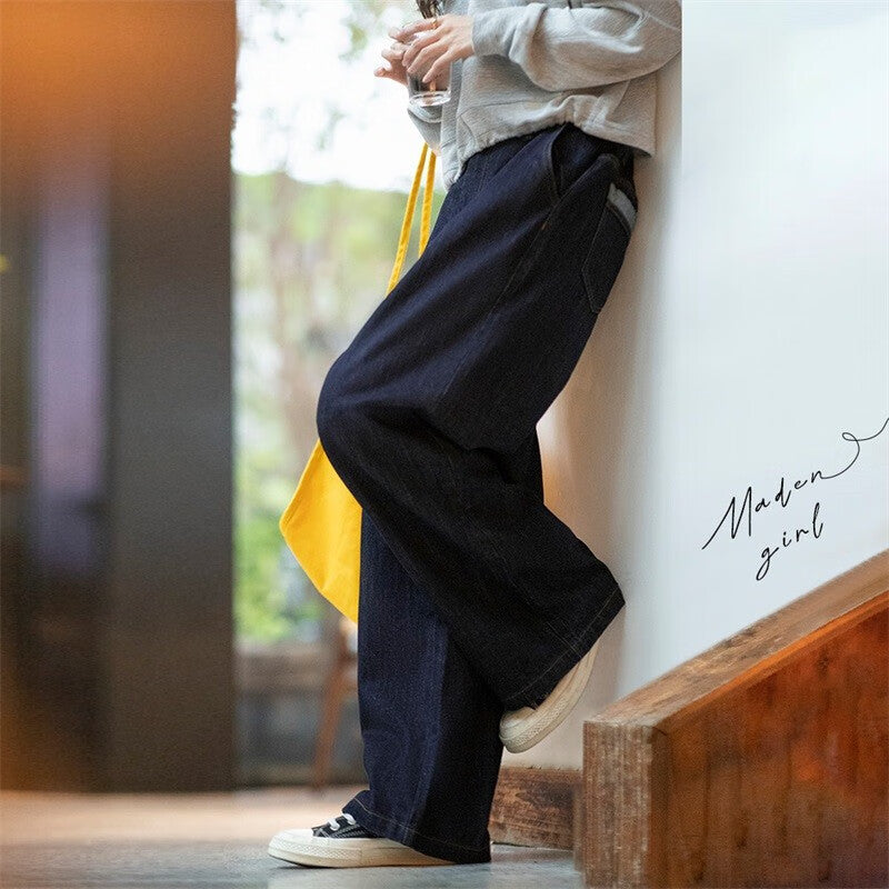 馬登女裝 美式復古水洗藍牛仔闊腿褲直筒休閒高腰顯瘦瀑布褲