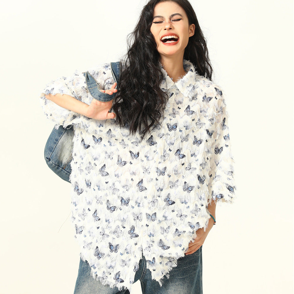 夏季新款蝴蝶流蘇設計感短袖襯衫女個性小眾寬鬆襯衣