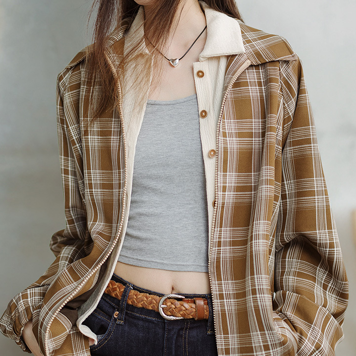 馬登女裝 美式復古格紋夾克設計感撞色翻領外套休閒寬鬆百搭上衣春秋
