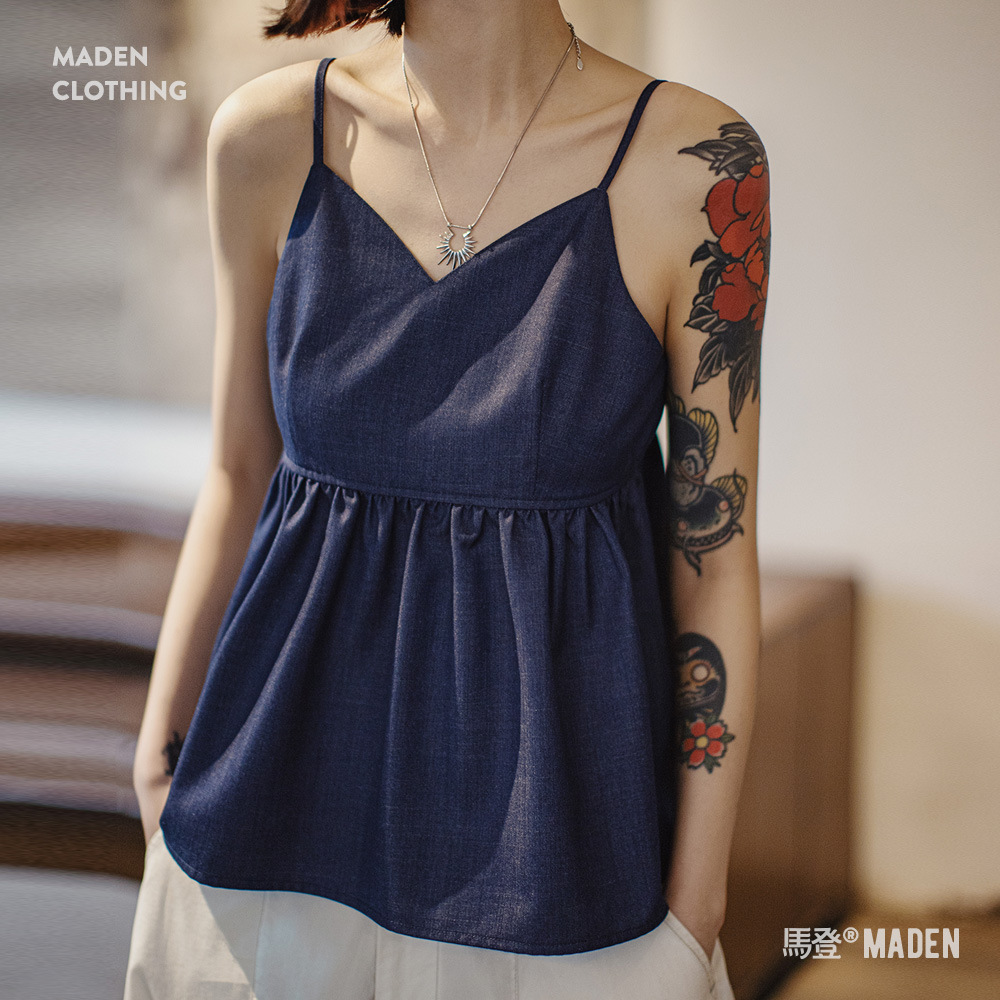 馬登女裝 夏日性感高腰吊帶V領露背背心辣妹無袖外疊穿顯鎖骨上衣