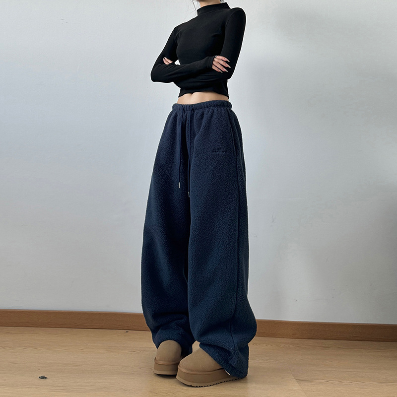 搖粒絨褲子女冬季加絨加厚休閒保暖鬆緊腰抽繩長褲