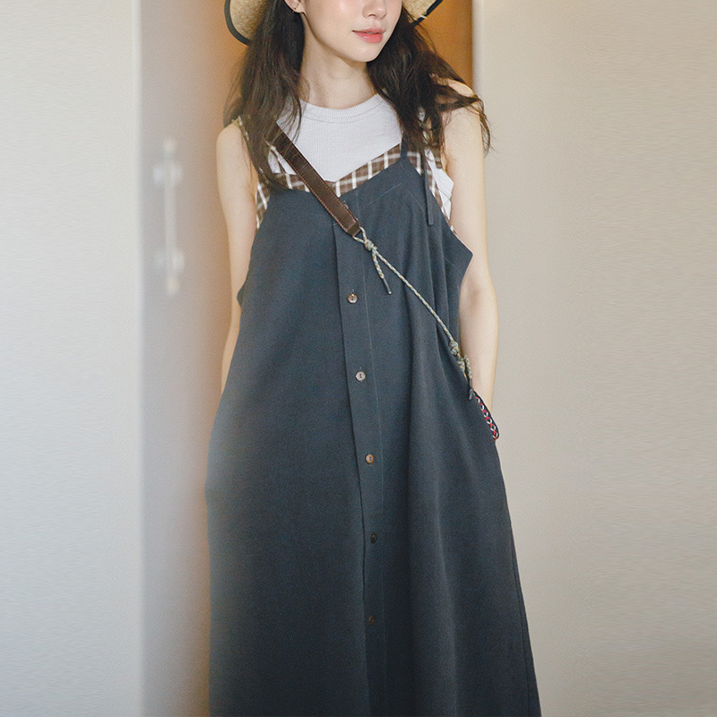 馬登女裝 復古格紋拼接背帶裙寬鬆顯瘦吊帶A字連衣長裙