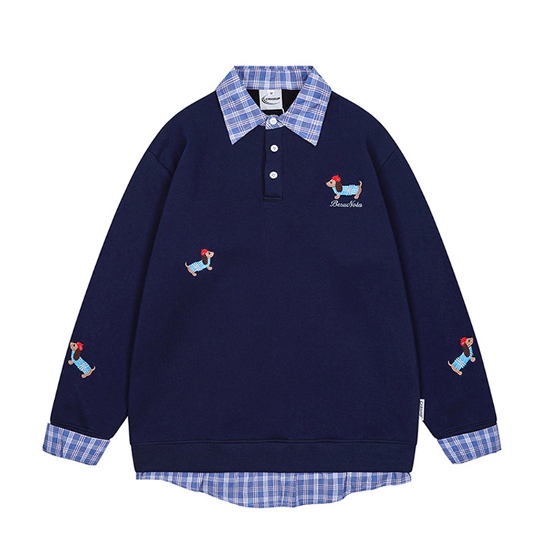美式復古格紋拼接Polo領加絨衛衣學院風襯衫拼接假兩件情侶套頭上衣