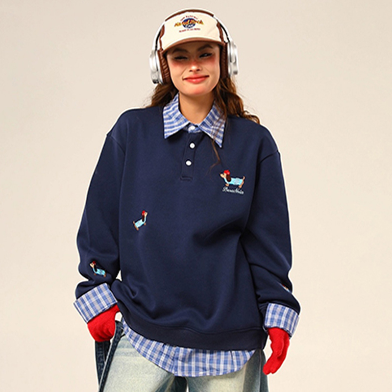 美式復古格紋拼接Polo領加絨衛衣學院風襯衫拼接假兩件情侶套頭上衣