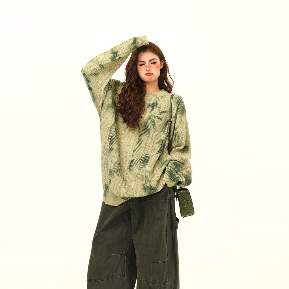 美式復古廢土風紮染設計感毛衣秋季寬鬆慵懶風破損針織毛衣打底衫